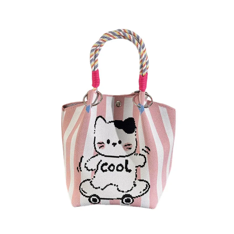 sac seau tricoté pour femmes, design de dessin animé mignon, fourre tout de grande capacité, sac à main carré portable, cadeau à la mode pour filles