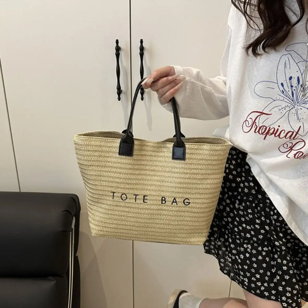 sac à main de plage mignon tissé en paille, sac seau de grande capacité, sac de plage bohème, sac à bandoulière avec lettres de voyage