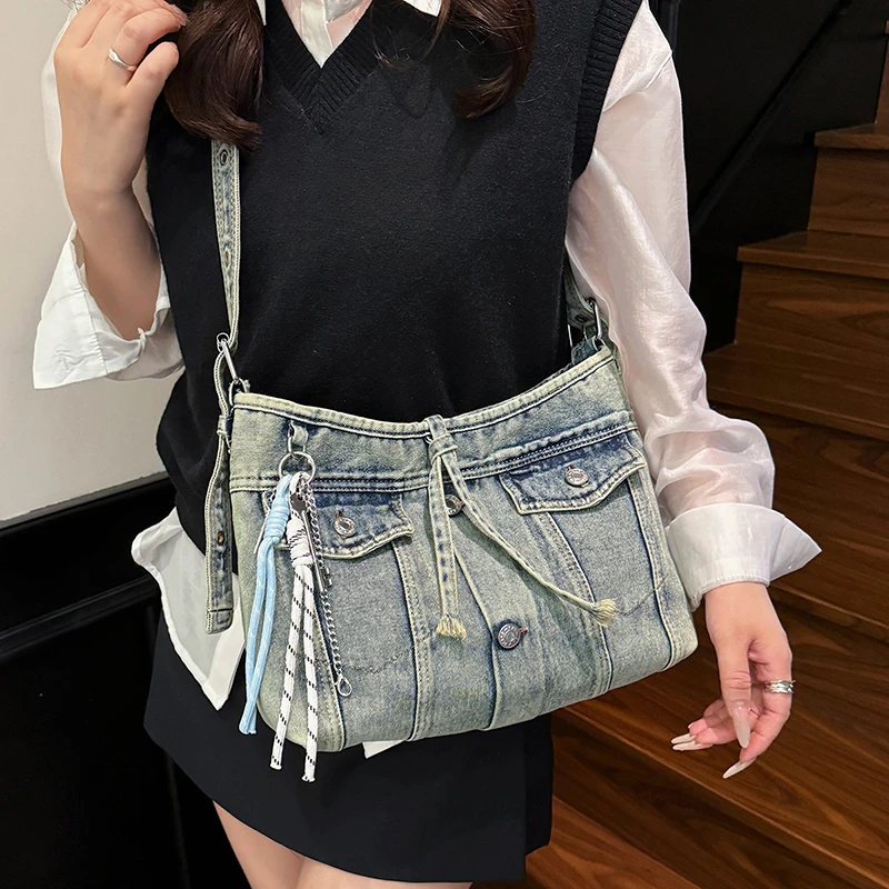 sac cartable décontracté multifonction grande capacité pour femmes, sacoche vintage en denim, sangle réglable, fourre-tout à bandoulière