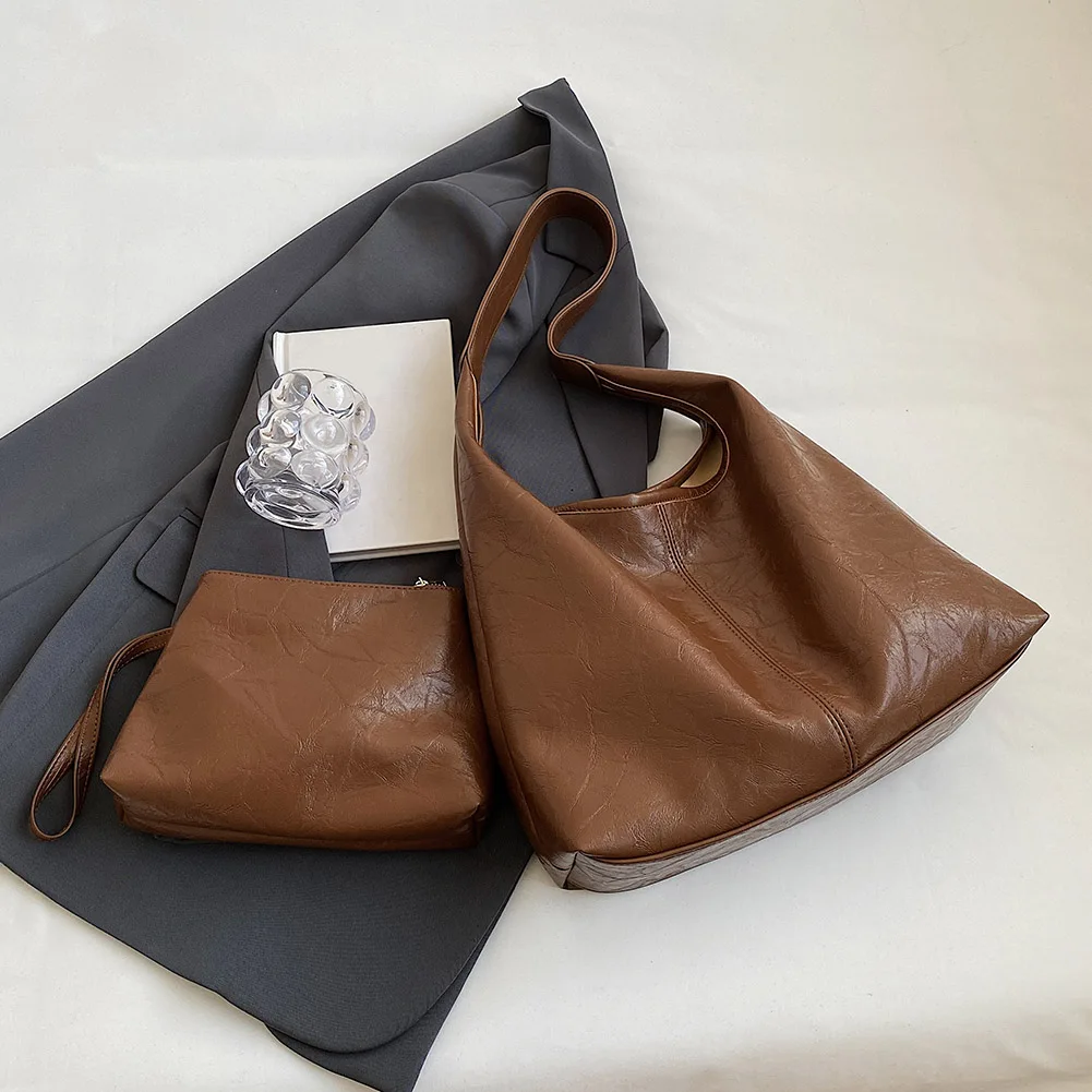 ensemble de sac à main et pochette en cuir pour femme, sac hobo décontracté, cartable à la mode, 2 pièces