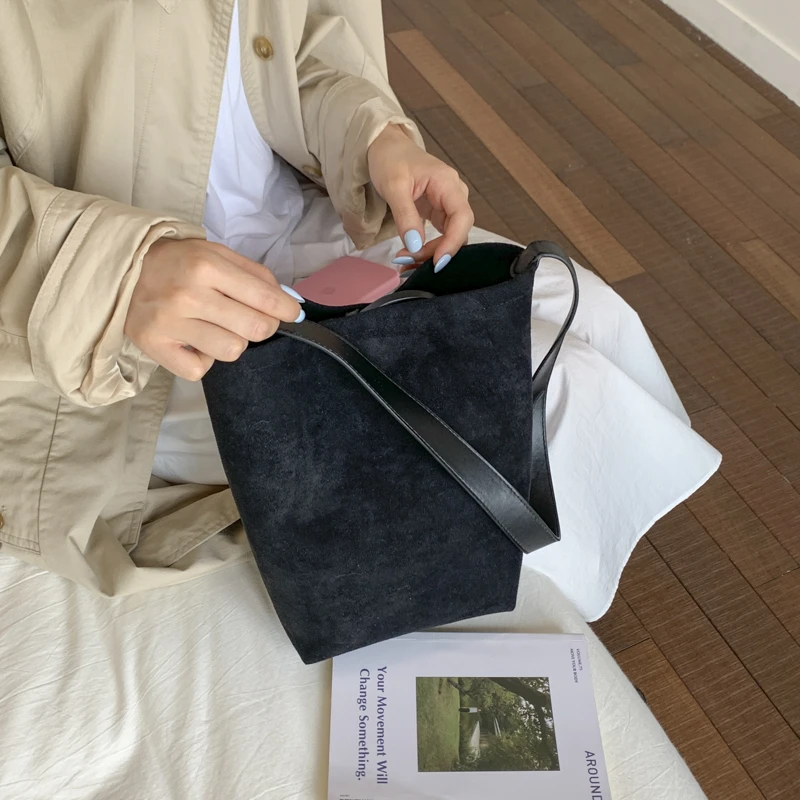 sacs seau en daim pour femmes, sac à bandoulière en faux daim de grande capacité, sacs de transport de couleur unie, fourre tout rétro tendance