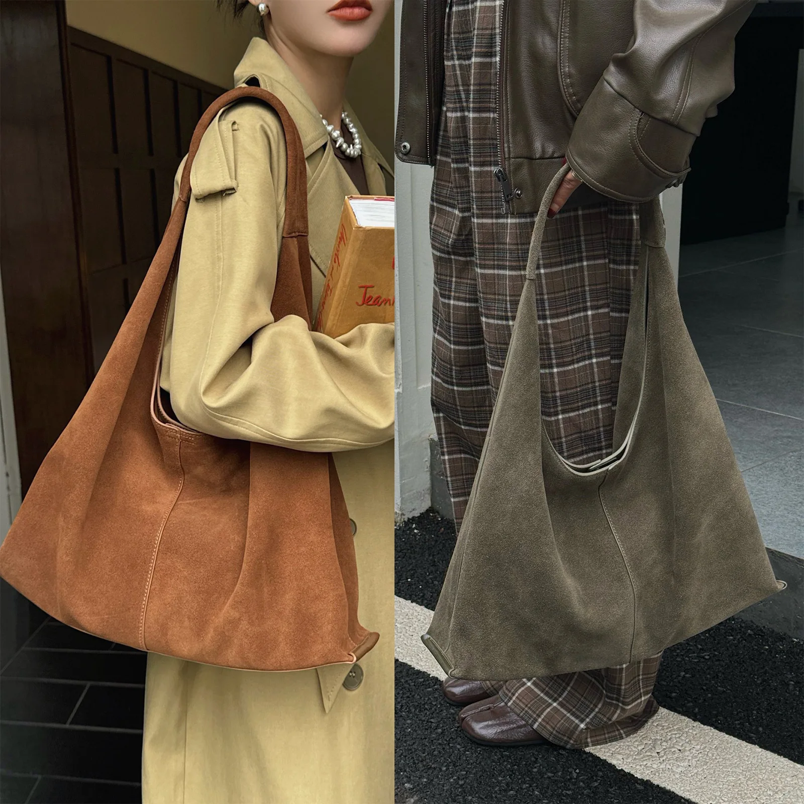 matna sac en daim véritable, cuir de vache naturel, grand croissant, sacs fourre tout décontractés, mode trajet domicile travail, initié par hobo