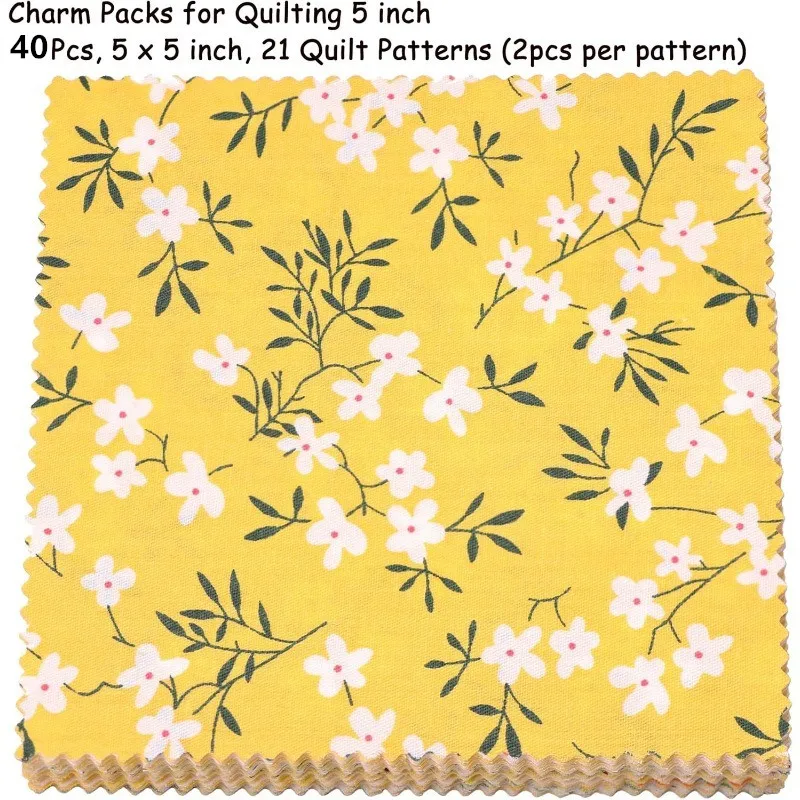 40 pièces sac à breloques matelassé, carrés en tissu pur coton 12.7x12.7 cm patchwork floral matelassé prédécoupé pour la couture artisanat bricolage