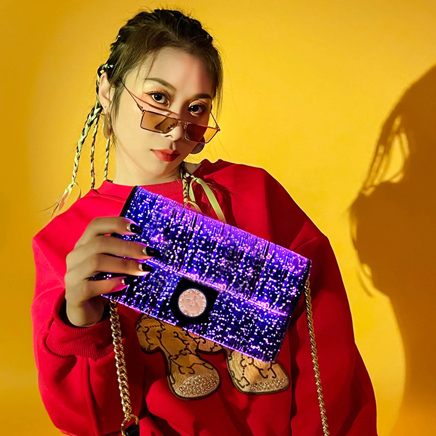 sacs carrés shoous colorés pour femmes, sac à bandoulière en tissu de fibre optique, lumière led, nouvelle mode initiée