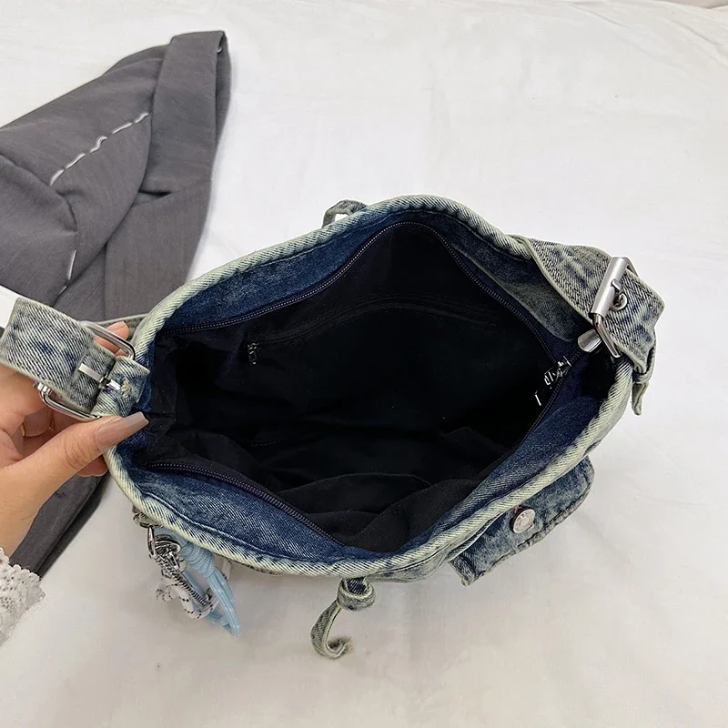 sac cartable décontracté multifonction grande capacité pour femmes, sacoche vintage en denim, sangle réglable, fourre tout à bandoulière