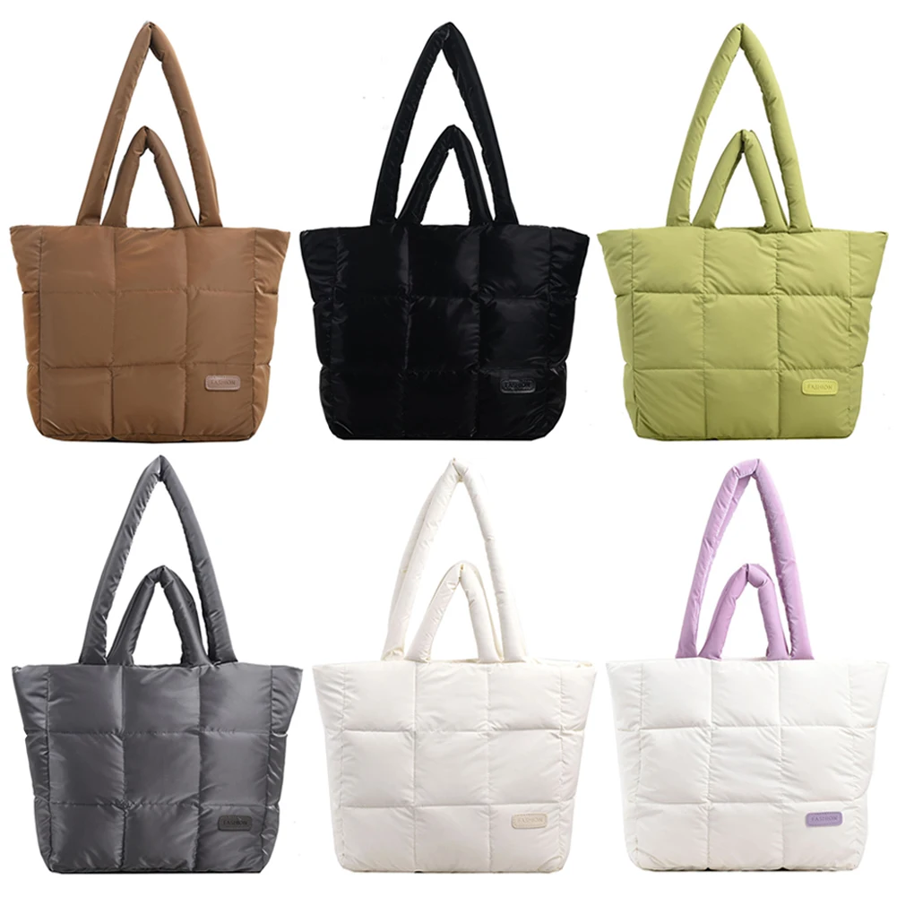 sac à main matelassé à carreaux pour femmes, sac de transport à main bouffant de couleur unie, grande capacité, mode automne hiver