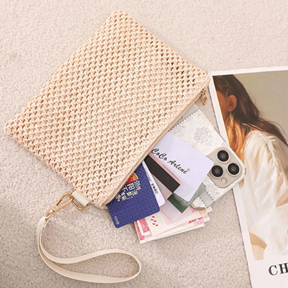 pochette en paille tissée faite à la main pour femme, porte monnaie pour fille, portefeuille de plage, sac à poignet solide, frais et doux, mode pour femme