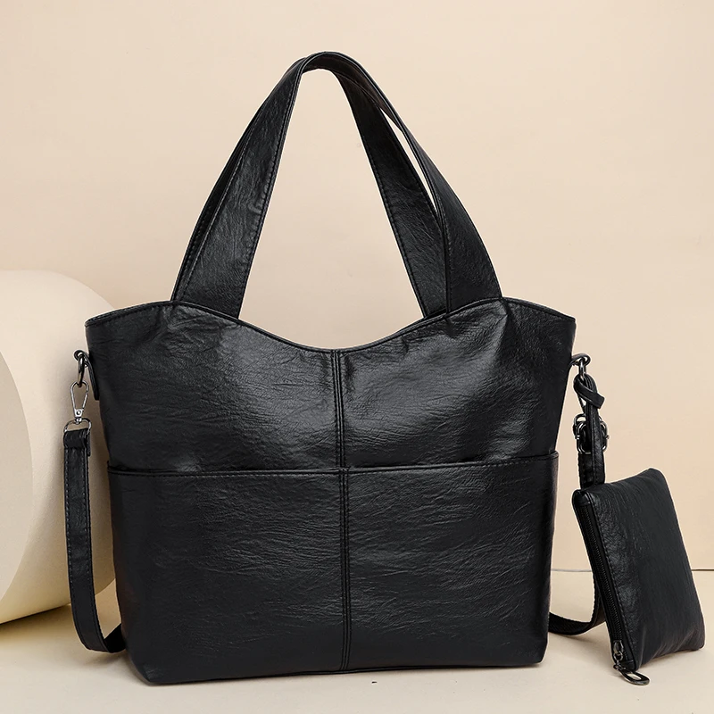 sac à main à bandoulière en cuir souple pour femme, grand sac hobo shopper noir solide, qualité document, fourre-tout de voyage pour dame