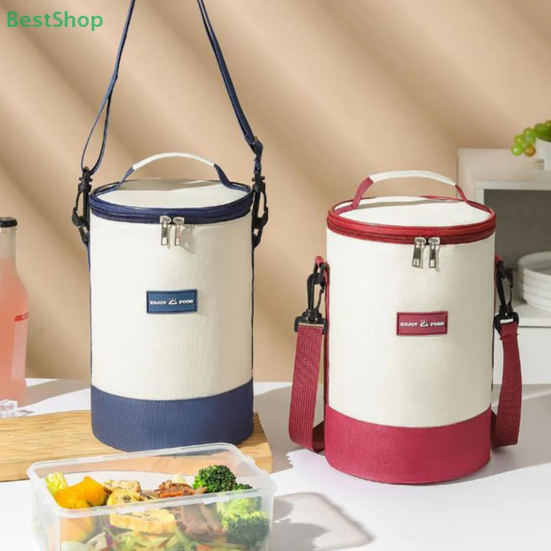 ♥ ♥ ♥ Le sac isolé cylindrique a des bretelles, le sac rond multicouche de boîte à déjeuner, le sac à Bento portatif et à bandoulière