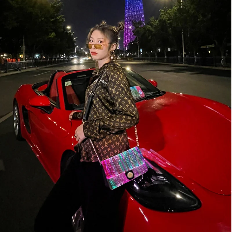 sacs carrés shoous colorés pour femmes, sac à bandoulière en tissu de fibre optique, lumière led, nouvelle mode initiée