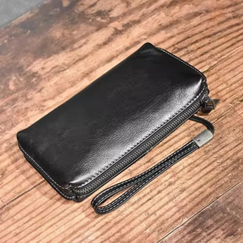 sac à main en cuir véritable pour hommes, pochette en cuir souple, portefeuille long rétro, sac décontracté pour téléphone portable, sac à main simple