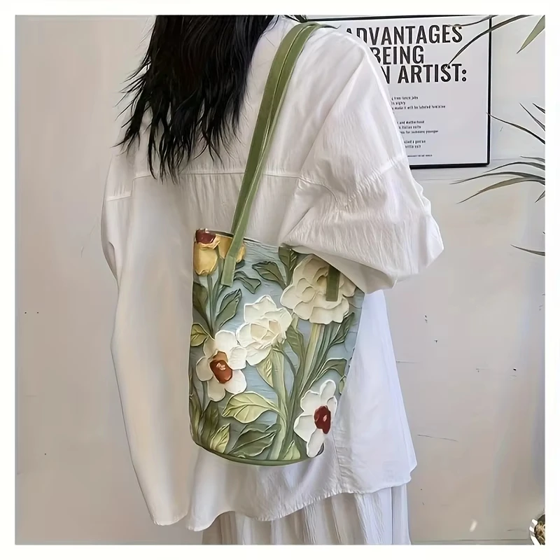 sac seau de grande capacité pour femmes, sac à main tendance, rangement à bandoulière décontracté avec joli design floral, sens premium