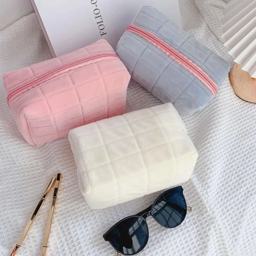 sac à cosmétiques carré, joli sac à cosmétiques, pochette de maquillage en peluche, trousse de toilette de voyage, organisateur, sac de rangement gonflé pour femmes