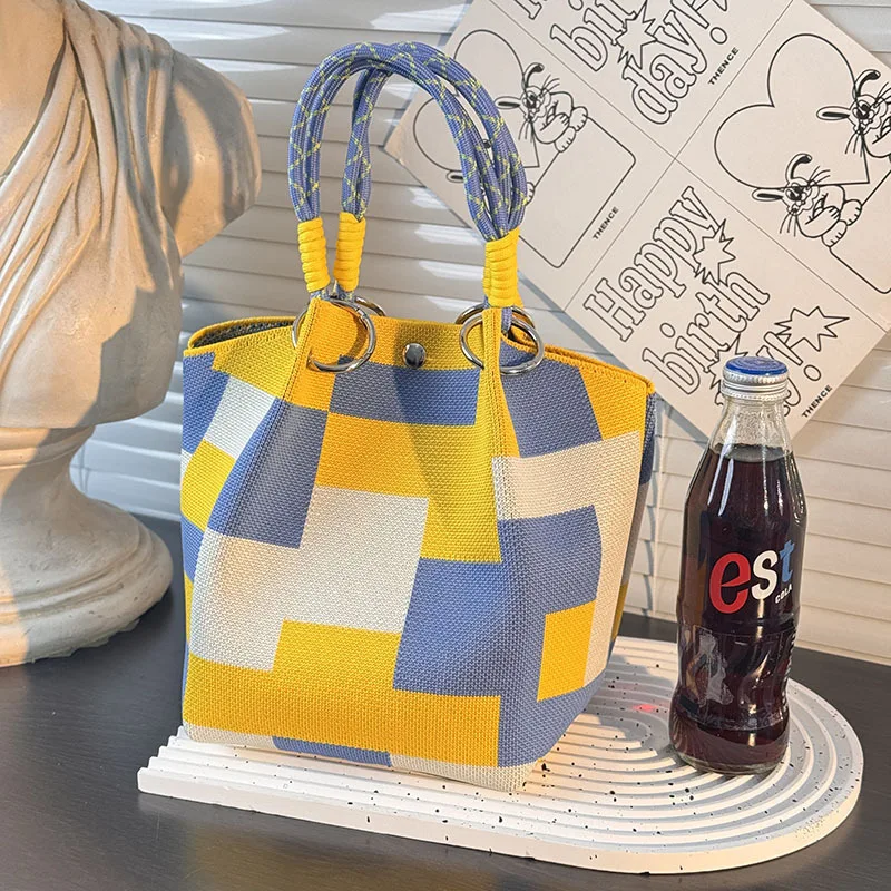 sac seau tricoté pour femmes, design de dessin animé mignon, fourre tout de grande capacité, sac à main carré portable, cadeau à la mode pour filles
