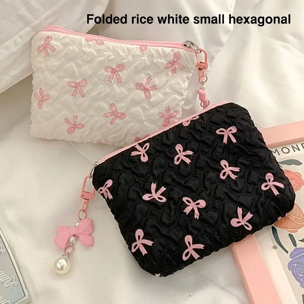 trousse cosmétique à nœud plissé pour femmes, trousse de maquillage en coton pour filles, poudres de maquillage portables little bow, trousse de maquillage de voyage matelassurera
