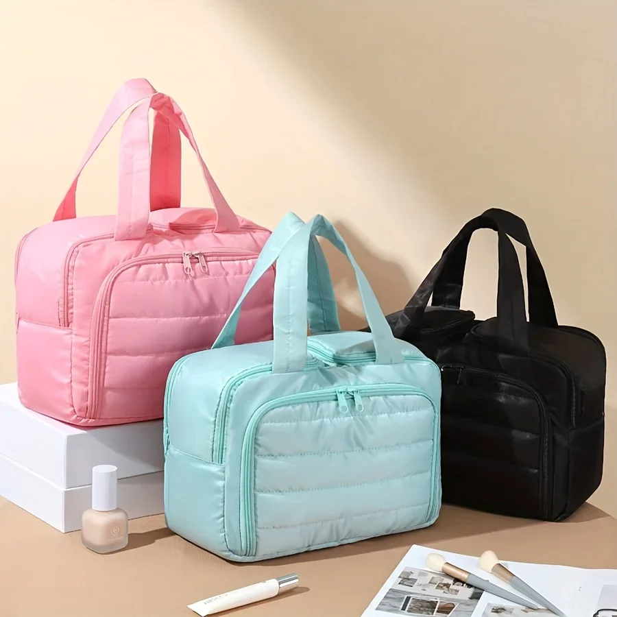 trousse de maquillage matelassée de grande capacité, sac de rangement multifonctionnel portable, conception superposée, nylon durable, idéale pour les cadeaux de noël