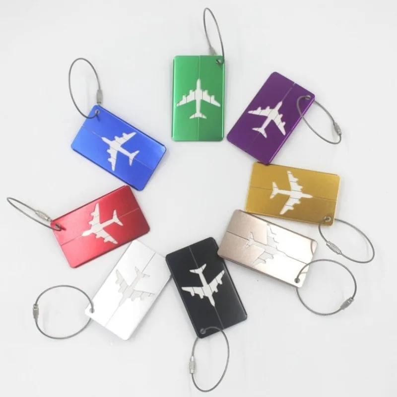 Étiquette de bagage de voyage en alliage d'aluminium, étiquette de valise, avion avec nom, anti perte, accessoires de voyage de couleur unie