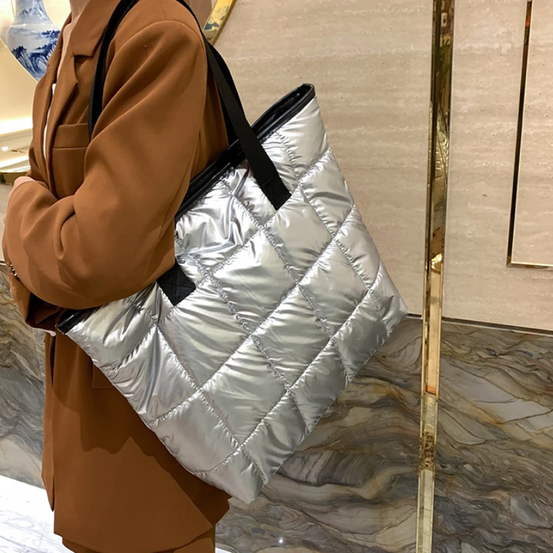 nouvelle mode grand fourre tout rembourré sacs à main automne matelassé femmes sacs à bandoulière de luxe pu vers le bas fil de coton sac à bandoulière sac d'hiver