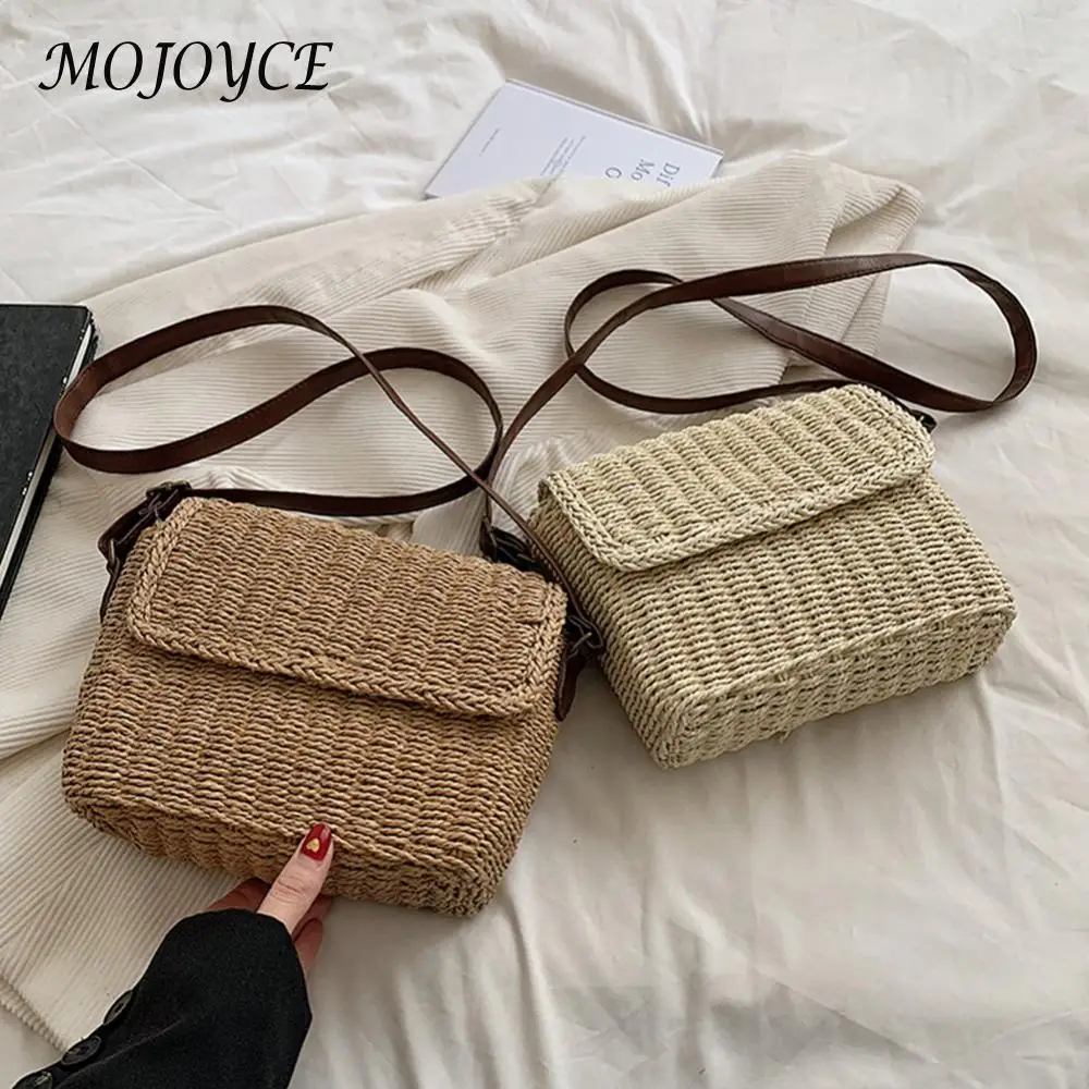 sac à bandoulière en paille tissé pour femmes, petit sac carré vintage avec sangle réglable, sac à rabat de voyage fait à la main