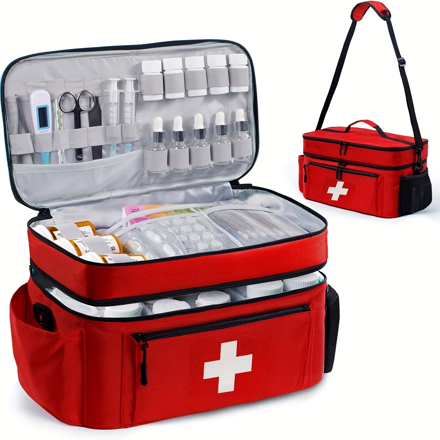 sac de rangement de médicaments de voyage de grande capacité, kit d'urgence portable, conception à double couche, pochette avant, plusieurs façons de transporter.