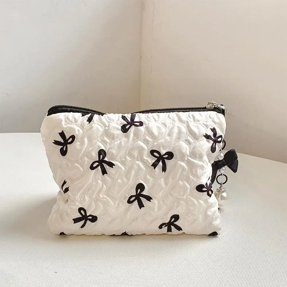 trousse cosmétique à nœud plissé pour femmes, trousse de maquillage en coton pour filles, poudres de maquillage portables little bow, trousse de maquillage de voyage matelassurera