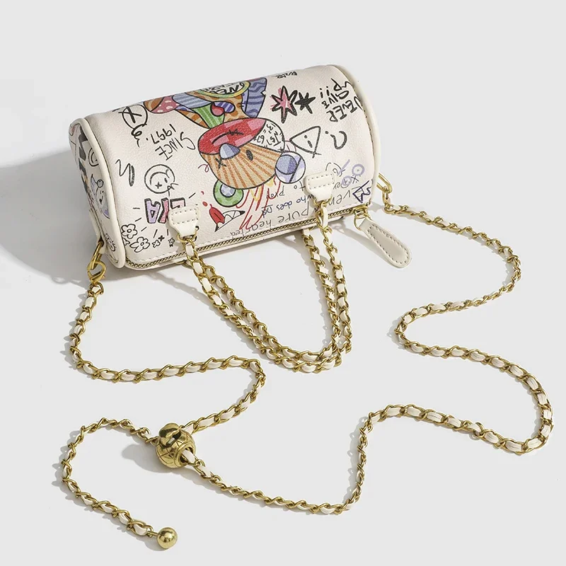 sac à main cylindrique transfrontalier avec chaîne graffiti pour femme, sacoche à bandoulière, nouvelle collection
