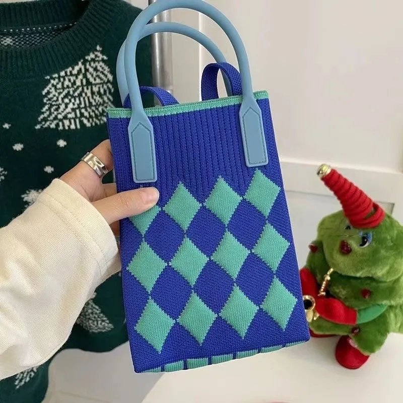 mini sac carré tricoté géométrique de style coréen, sac à main de shopping tissé à la mode, sac à bandoulière pour téléphone de dessin animé mignon