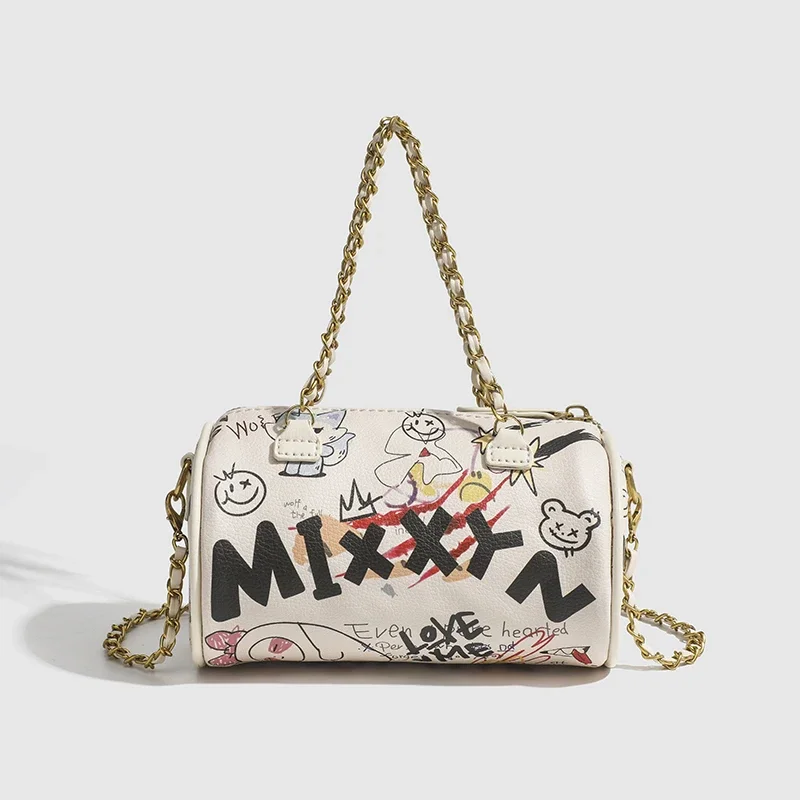 sac à main cylindrique transfrontalier avec chaîne graffiti pour femme, sacoche à bandoulière, nouvelle collection