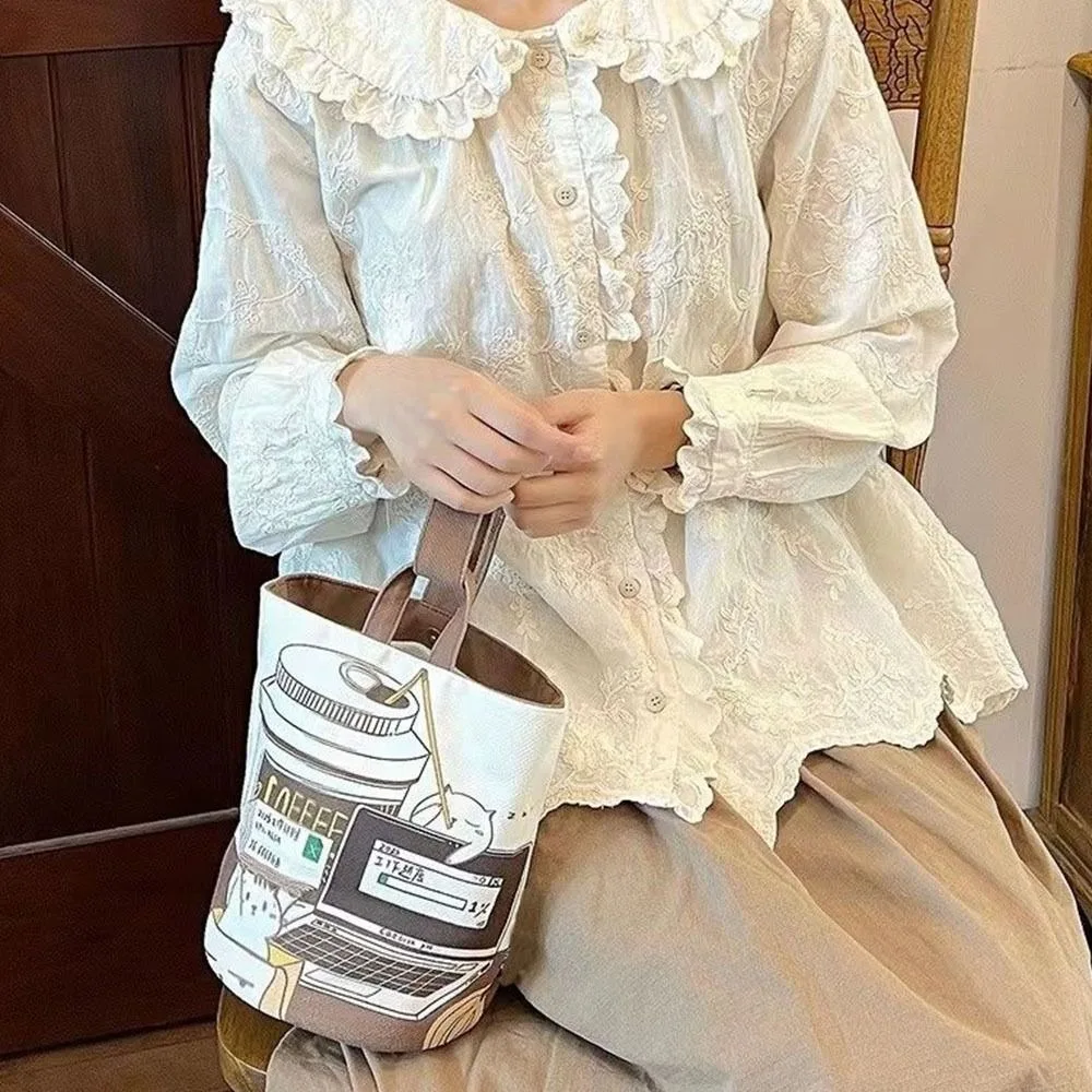 sac seau de chat de café de dessin animé de grande capacité, sacs de shopping de style coréen, sac pour maman, sac à main en toile, fourre tout, sac à déjeuner, sac de rangement