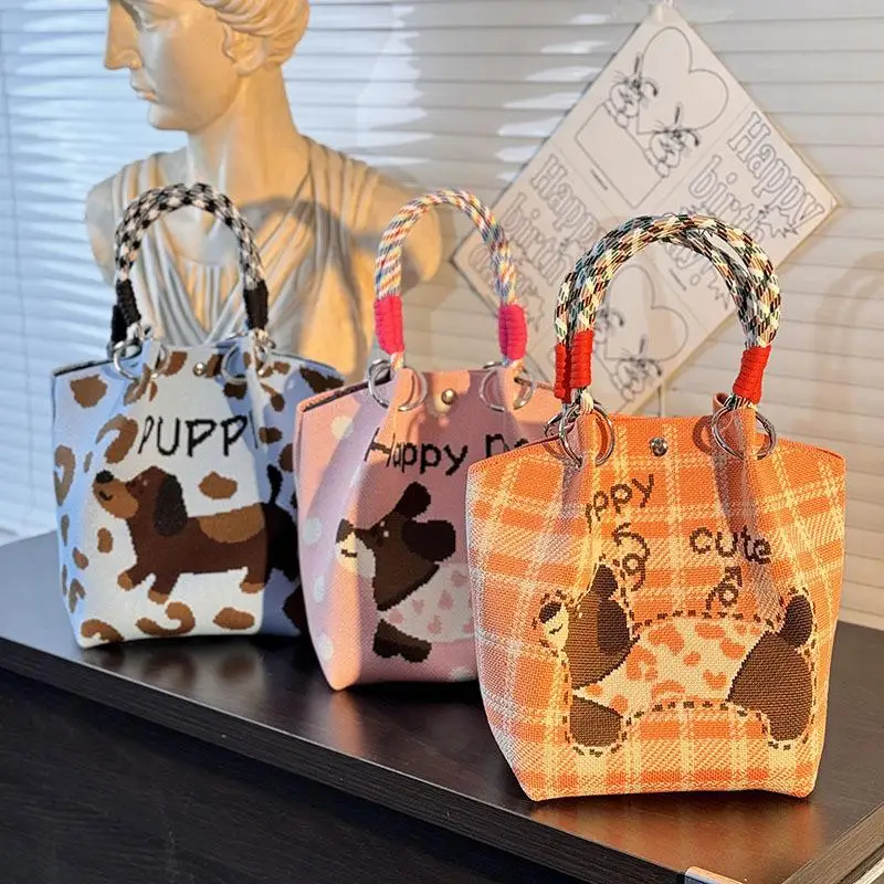 sac seau tricoté pour femmes, design de dessin animé mignon, fourre tout de grande capacité, sac à main carré portable, cadeau à la mode pour filles
