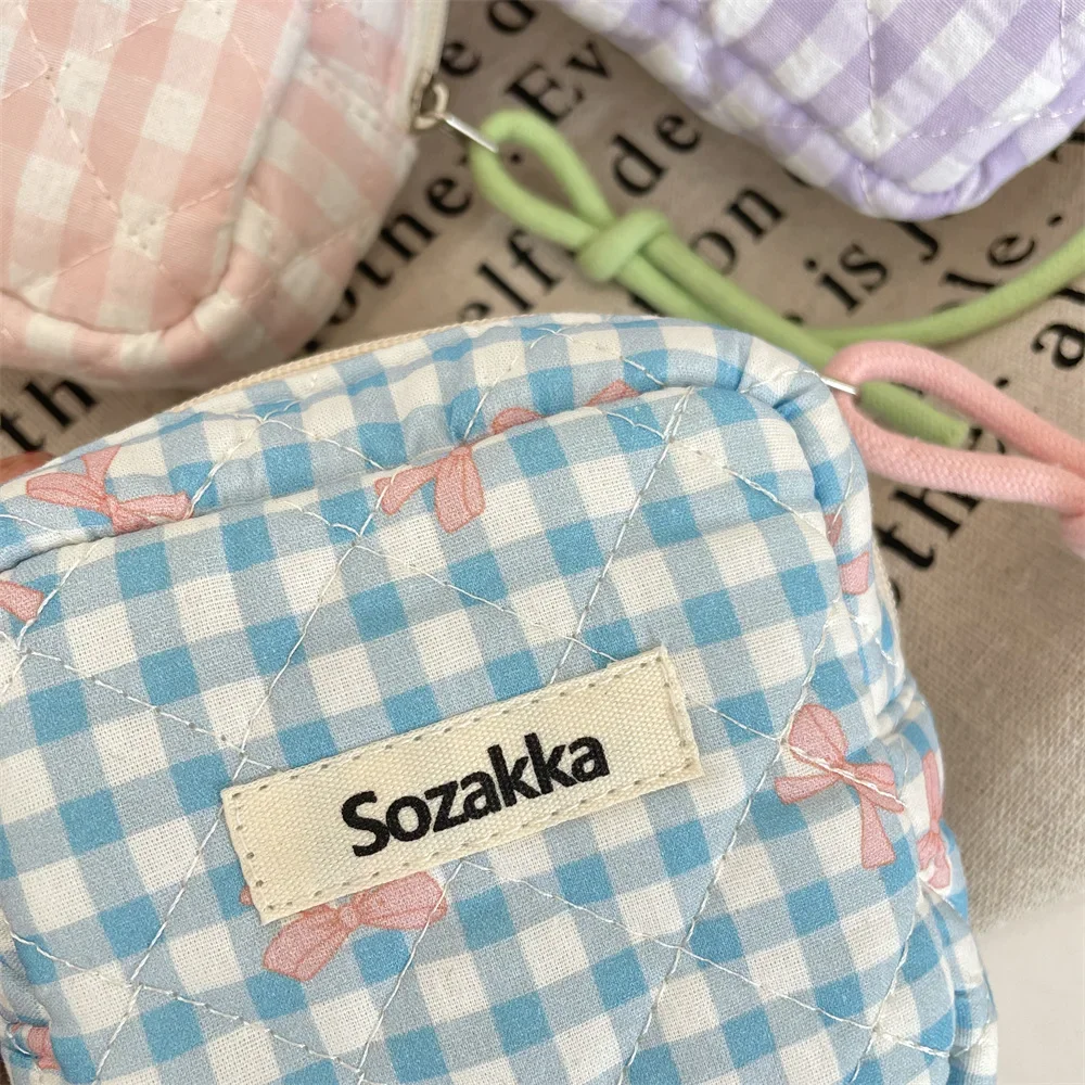 mini trousse de maquillage en coton matelassé pour femme, sac de rangement pour serviette hygiénique, porte monnaie étudiant, clés, sauna, poudres de téléphone, nœud à carreaux