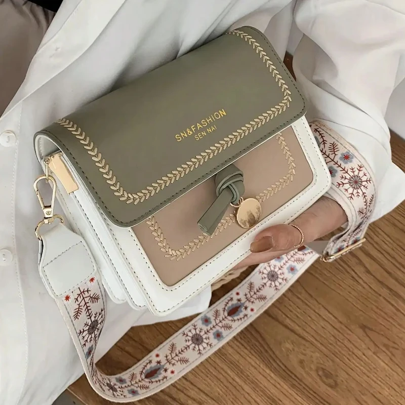 Sac à la mode pour femmes, nouveau sac à bandoulière polyvalent, sacs à bandoulière de couleur contrastée, petit sac carré, large bandoulière