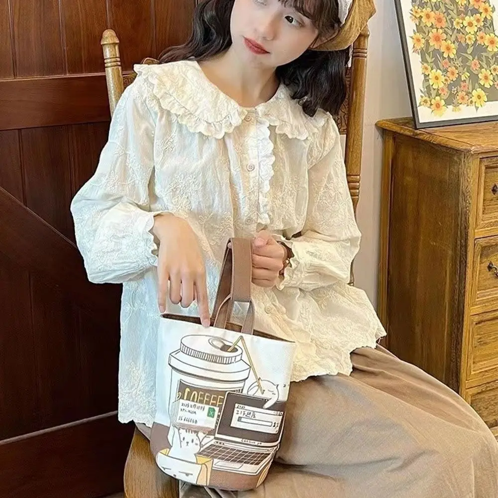 sac seau de chat de café de dessin animé de grande capacité, sac à main en toile, sacs de shopping, sac fourre tout pour maman, sac à déjeuner de style coréen, sac de rangement