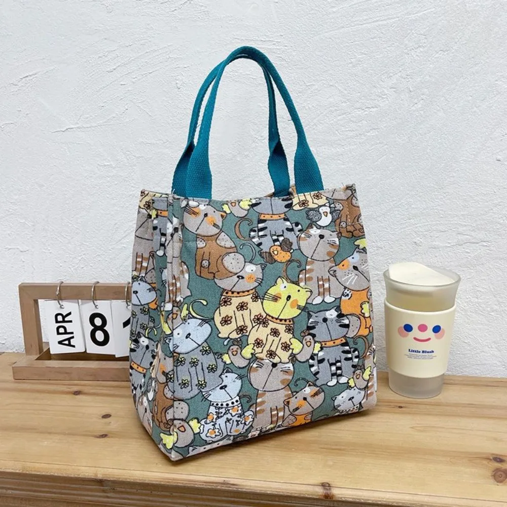 sac à déjeuner imprimé dessin animé mignon, sac en toile portable, sac à main et fourre tout décontractés pour femmes pour l'école, le bureau, sac de pique nique