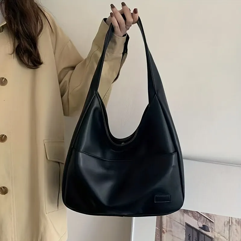 Femmes Hobo Sac Simple PU En Cuir Solide Sac À Bandoulière 2023 Mode Grande Capacité Sac À Main Pour Le Travail Scolaire