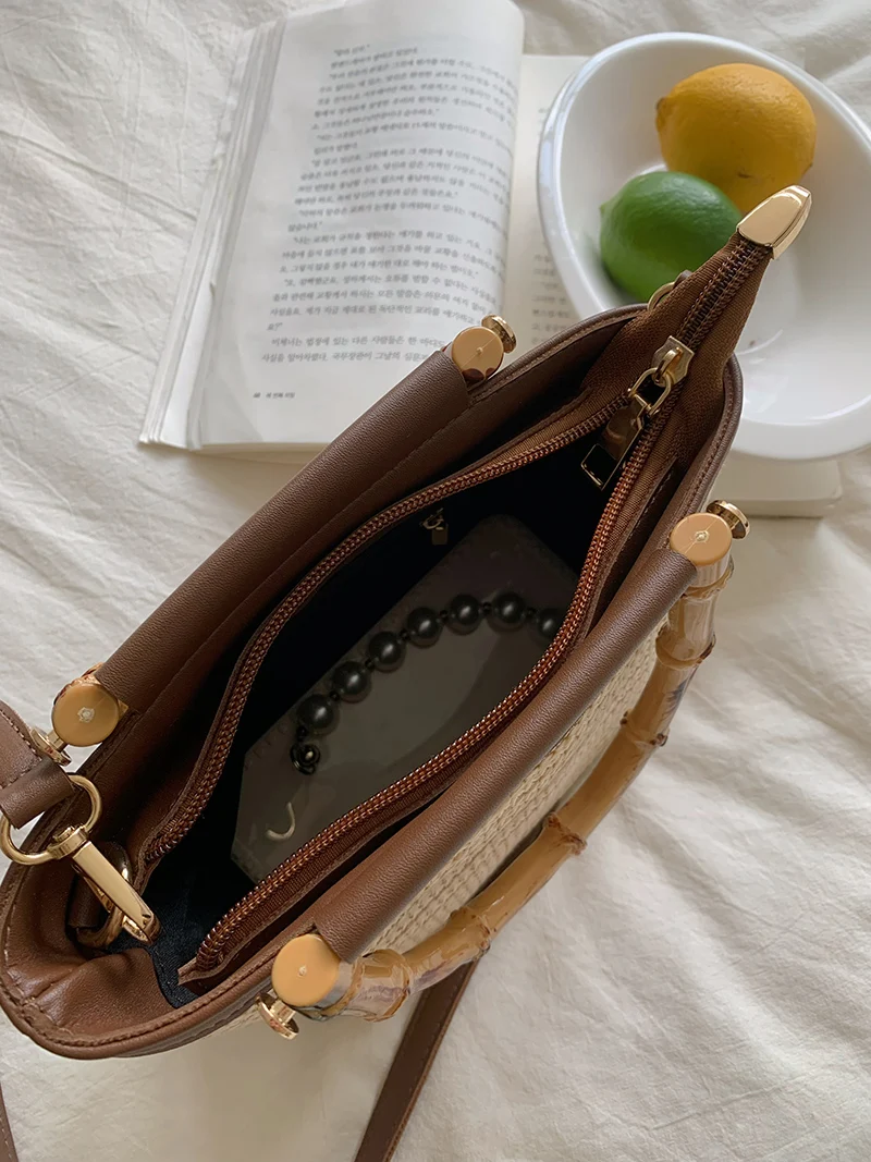 sacs à main de voyage en paille pour femmes, sacs à bandoulière simples, poignée en bois à la mode, été initié, e27