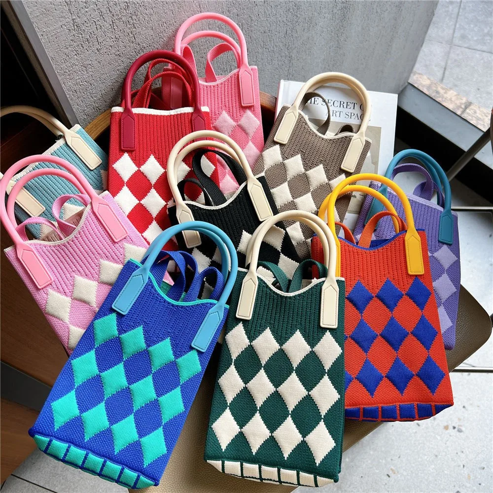 mini sac carré tricoté géométrique de style coréen, sac à main de shopping tissé à la mode, sac à bandoulière pour téléphone de dessin animé mignon