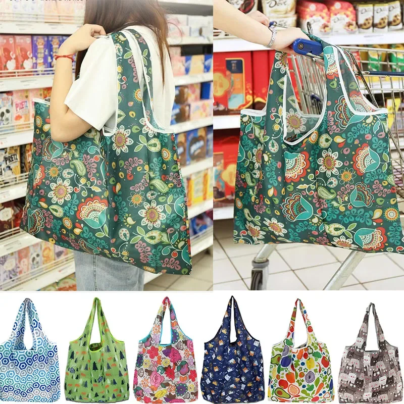 Sacs fourre-tout imprimés de fleurs pour femmes, sacs à main d'épicerie pliables pour l'extérieur, sac de courses écologique, sac de rangement réutilisable, sacs de rangement
