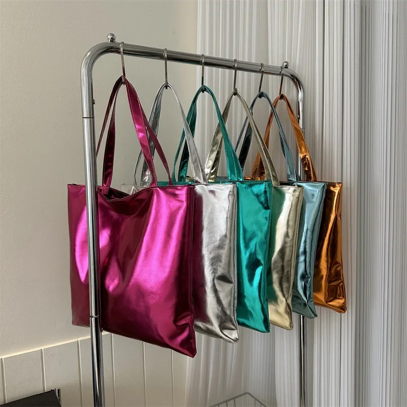 sacs fourre tout brillants pour femmes, pochette de shopping de grande capacité, sacs à main en cuir pu brillant décontracté, sac à bandoulière pour filles
