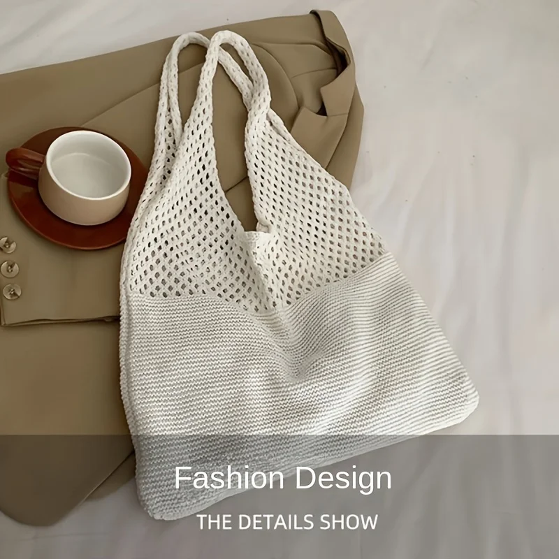 boho chic sac fourre tout en crochet – sac à bandoulière élégant en tricot de couleur unie avec design en maille respirante, idéal pour les vacances d'été à la plage