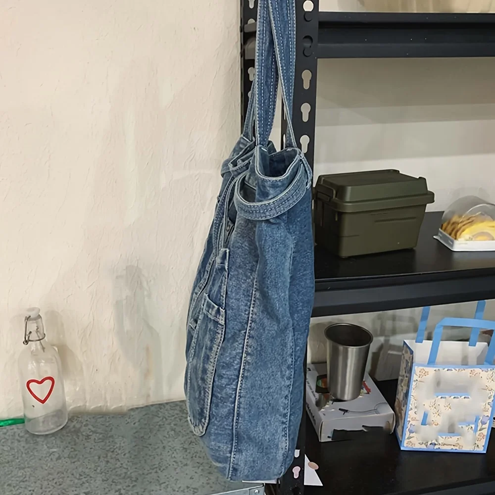 sac à main décontracté en denim de grande capacité, fourre tout à la mode, niveau d'apparence Éwer, sous les bras