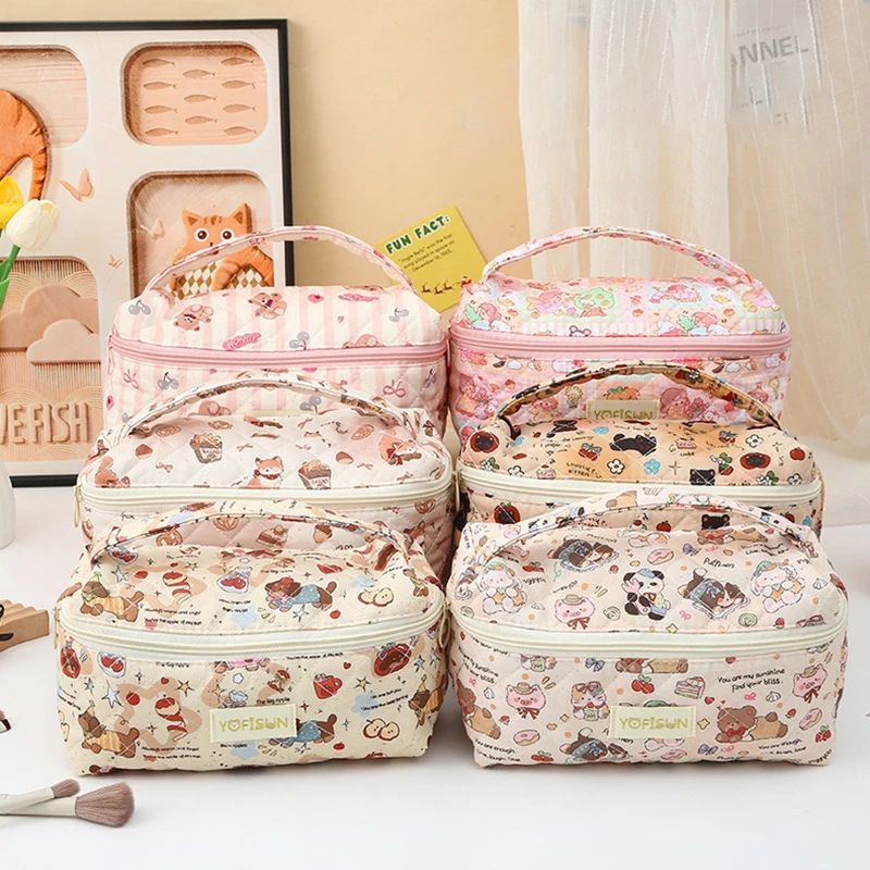 sac de maquillage matelassé à motif d'animal de dessin animé, sac à main portable de grande capacité pour femmes, rangement de produits de toilette cosmétiques, sac à main à fermeture éclair