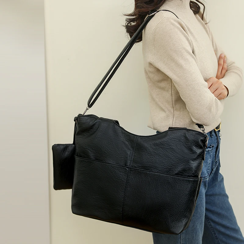 sac à main à bandoulière en cuir souple pour femme, grand sac hobo shopper noir solide, qualité document, fourre tout de voyage pour dame