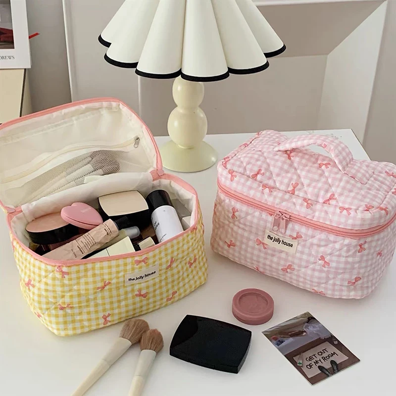 Sac à cosmétiques matelassé pour femmes, 3 types, grande capacité, organisateur de voyage, sac de toilette, motif de nœud papillon mignon, sac de rangement à fermeture éclair pour maquillage