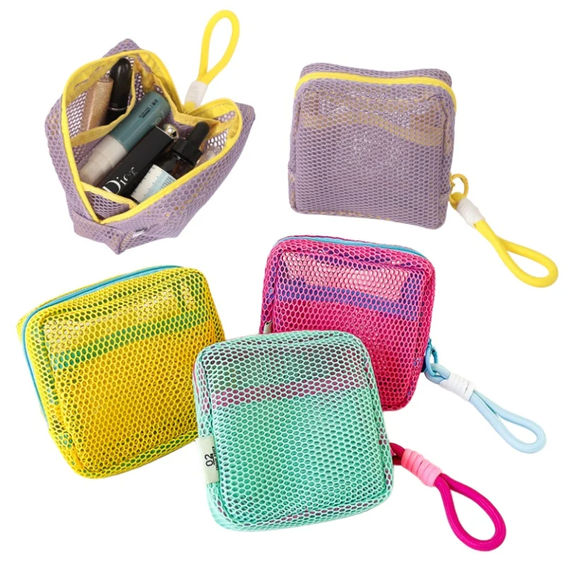 sac à cosmétiques en maille légère et élégante, sac de rangement de cosmétiques carré portable avec fermeture éclair, sac de rangement polyvalent pour articles divers