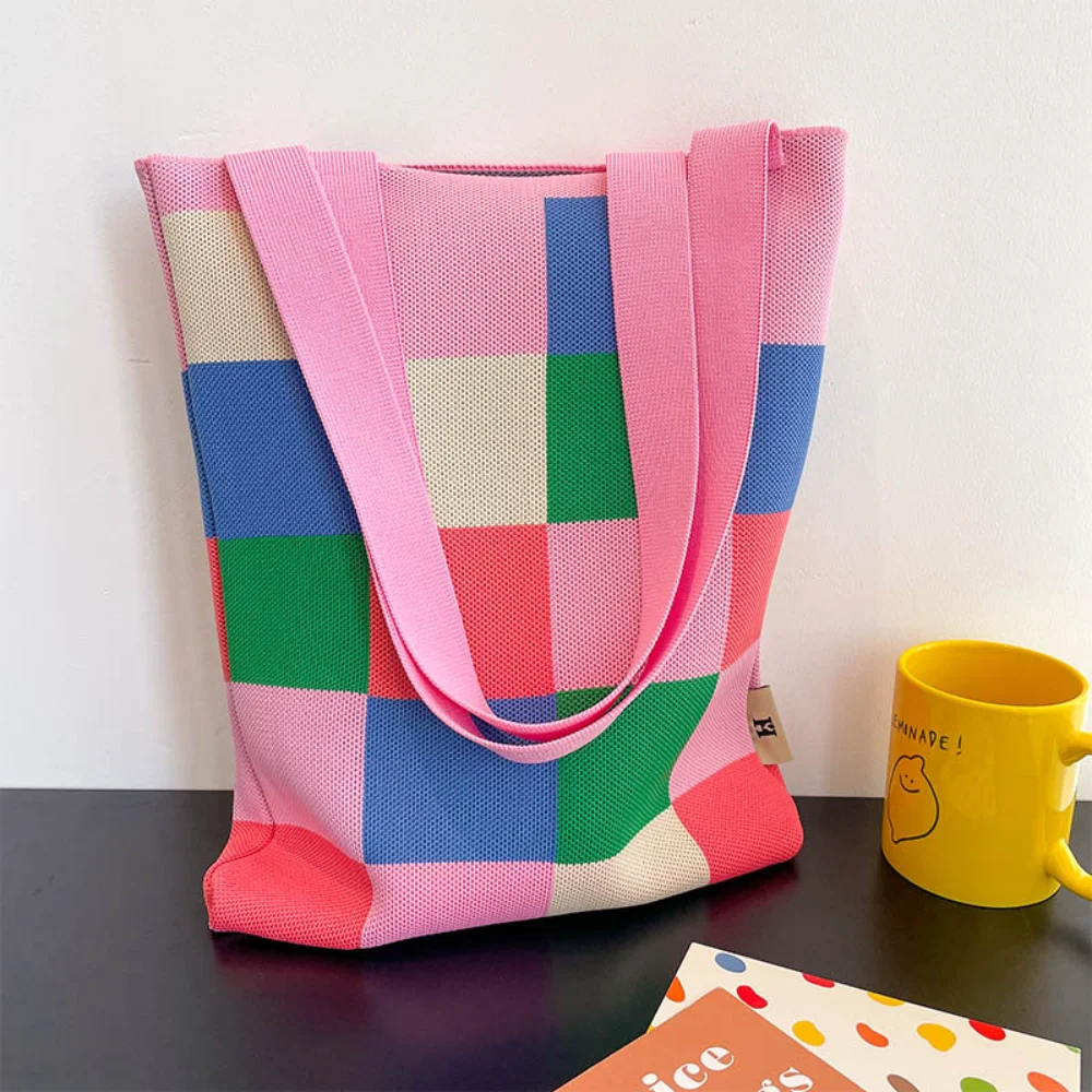 sac seau arc en ciel, sac tricoté, sac en damier réutilisable pour femmes, voyage quotidien