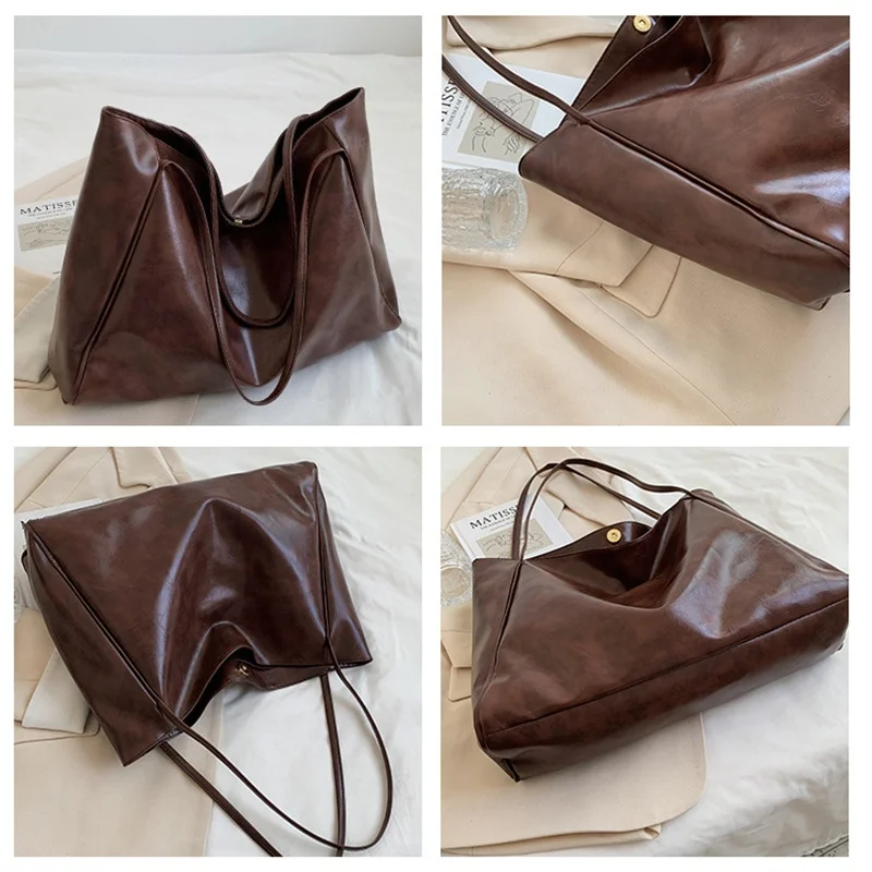 sac fourre tout en cuir pu souple pour femmes, pochette sous les bras de grande capacité, sac à bandoulière rétro décontracté, sacs seau portables