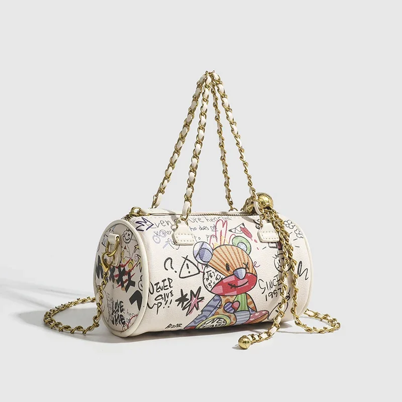 sac à main cylindrique transfrontalier avec chaîne graffiti pour femme, sacoche à bandoulière, nouvelle collection