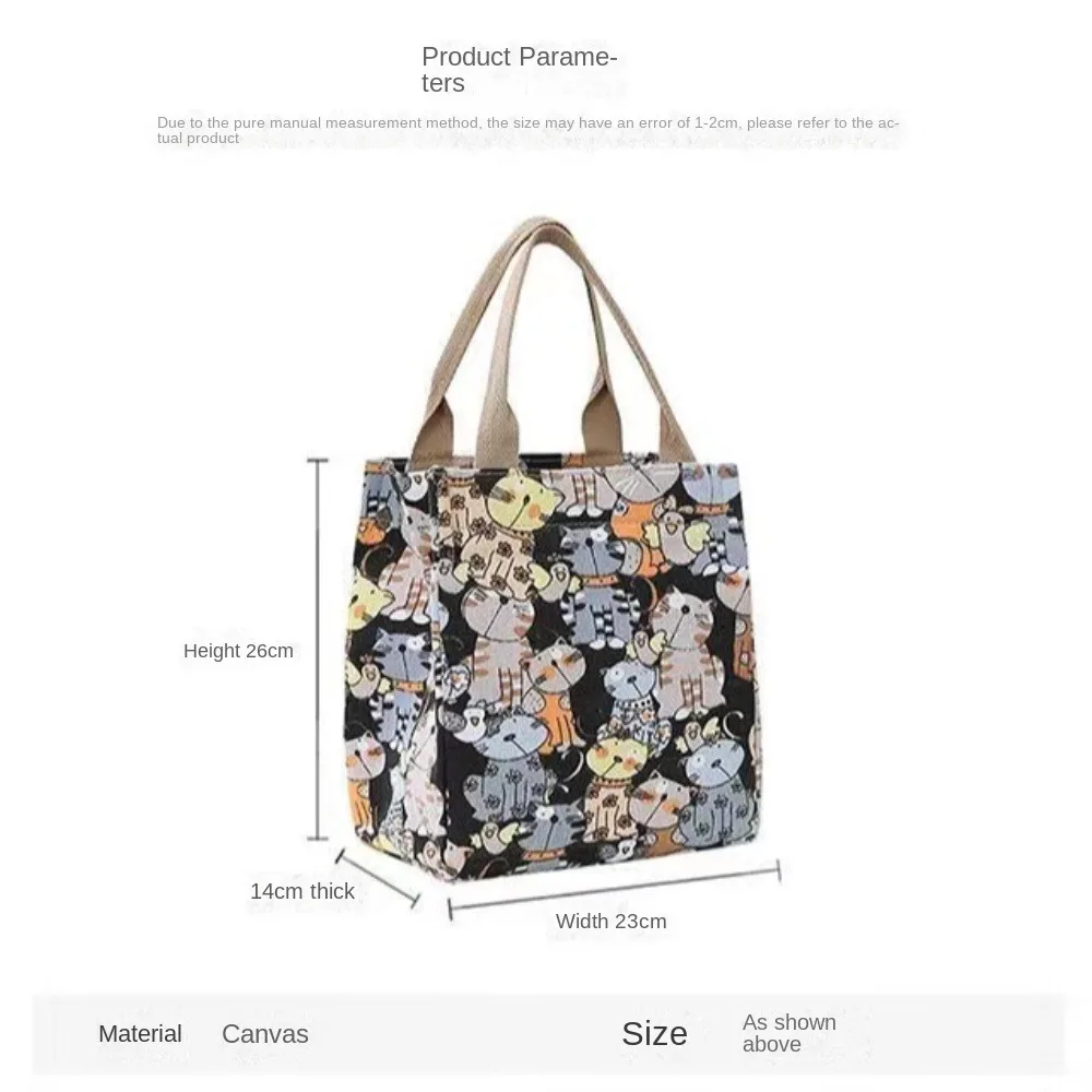 sac à déjeuner imprimé dessin animé mignon, sac en toile portable, sac à main et fourre tout décontractés pour femmes pour l'école, le bureau, sac de pique nique
