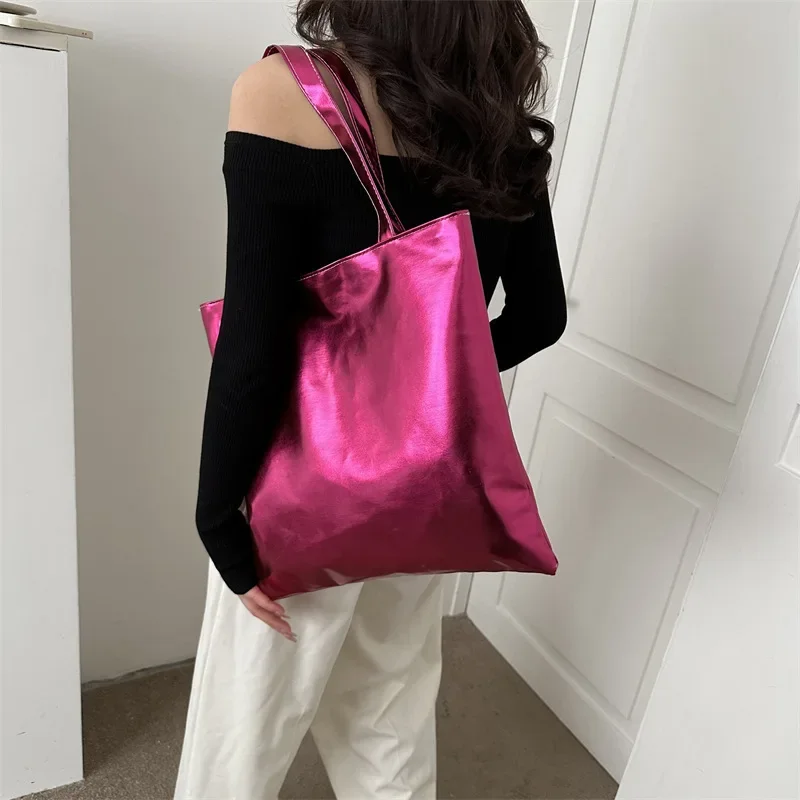 sacs fourre tout brillants pour femmes, pochette de shopping de grande capacité, sacs à main en cuir pu brillant décontracté, sac à bandoulière pour filles